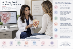 Doctor evaluating a patient's vaginal tissue and discussing possible causes of vaginal discomfort, including GSM, infections, skin conditions, and pelvic floor dysfunction