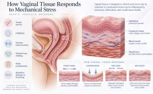 Medical illustration showing vaginal tissue responding to stretching, compression, friction, and recovery, with layers of vaginal tissue and connective tissue