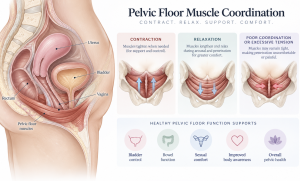 Medical illustration showing pelvic floor muscle contraction, relaxation, and excessive tension and how coordination can affect sexual comfort