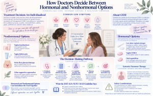 Medical illustration showing how doctors evaluate symptoms, medical history, safety, preferences, and treatment goals when choosing hormonal or nonhormonal options for GSM