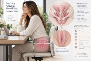 Medical illustration showing how GSM-related vaginal and vulvar sensitivity, pelvic floor tension, pressure, friction, and prolonged sitting may contribute to discomfort